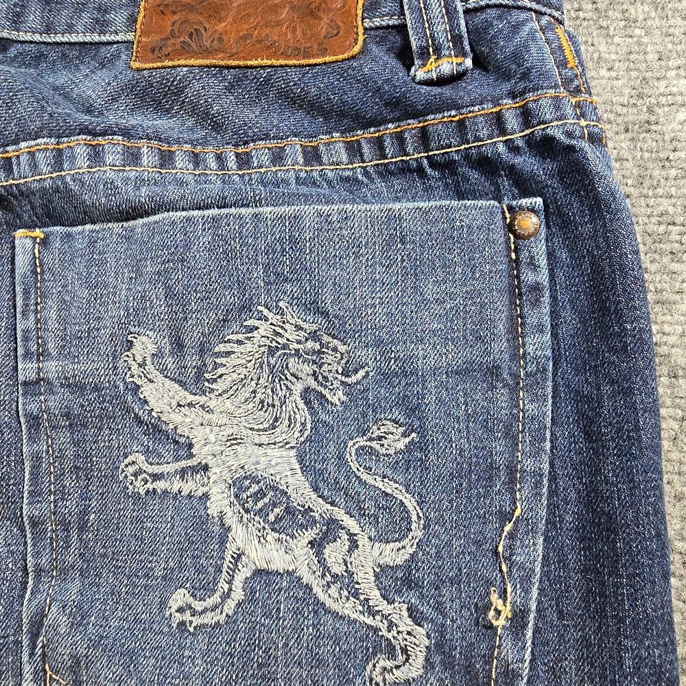 Mens Dark Wash Jeans 36 Embroidered Lion Pocket Denim Streetwear Graphic
